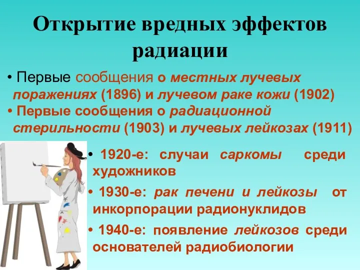 Открытие вредных эффектов радиации Первые сообщения о местных лучевых поражениях (1896)