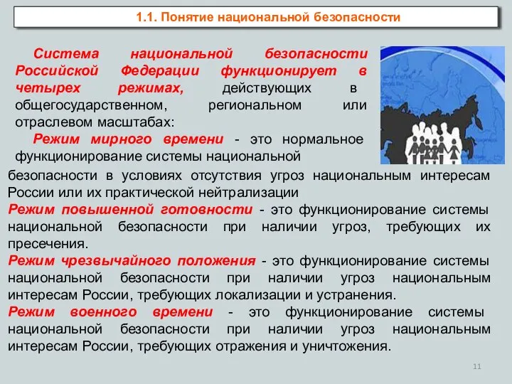 1.1. Понятие национальной безопасности Система национальной безопасности Российской Федерации функционирует в