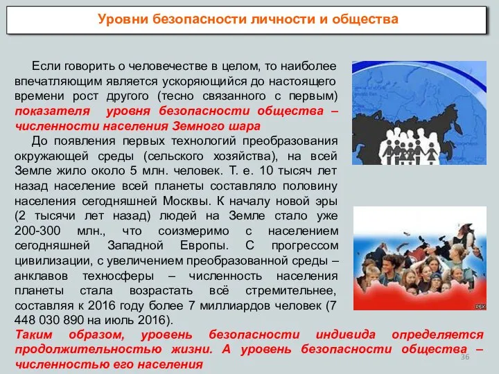 Уровни безопасности личности и общества Если говорить о человечестве в целом,