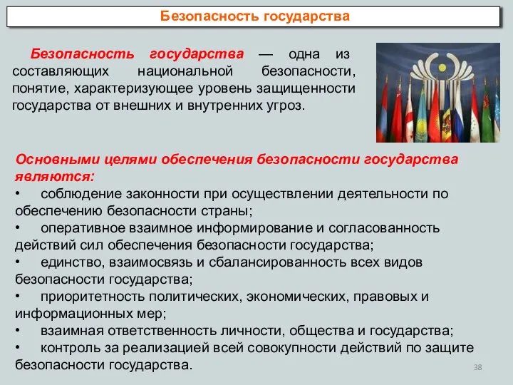 Безопасность государства Безопасность государства — одна из составляющих национальной безопасности, понятие,