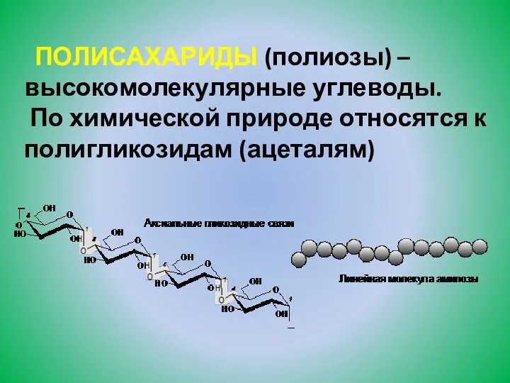 ПОЛИСАХАРИДЫ (полиозы) – высокомолекулярные углеводы. По химической природе относятся к полигликозидам (ацеталям)