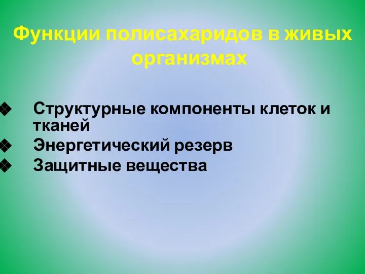 Функции полисахаридов в живых организмах Структурные компоненты клеток и тканей Энергетический резерв Защитные вещества