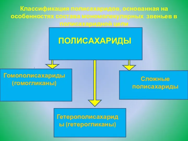 Классификация полисахаридов, основанная на особенностях состава мономолекулярных звеньев в полисахаридной цепи