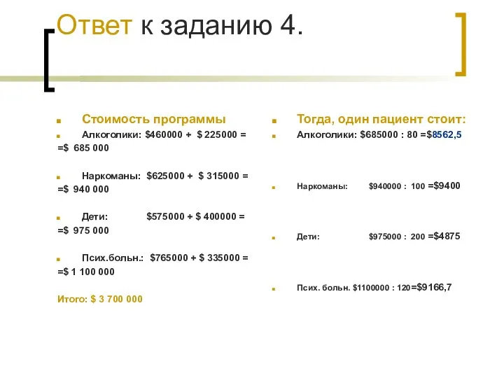 Ответ к заданию 4. Стоимость программы Алкоголики: $460000 + $ 225000