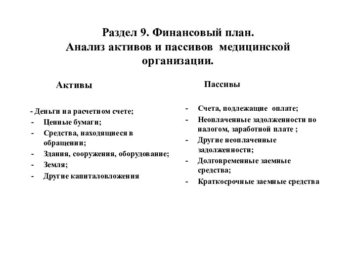 Раздел 9. Финансовый план. Анализ активов и пассивов медицинской организации. Активы