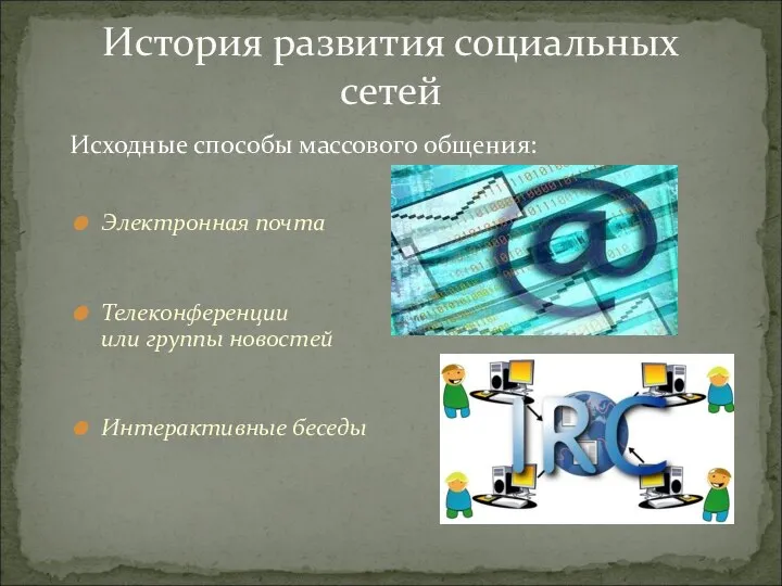 Исходные способы массового общения: Электронная почта Телеконференции или группы новостей Интерактивные беседы История развития социальных сетей