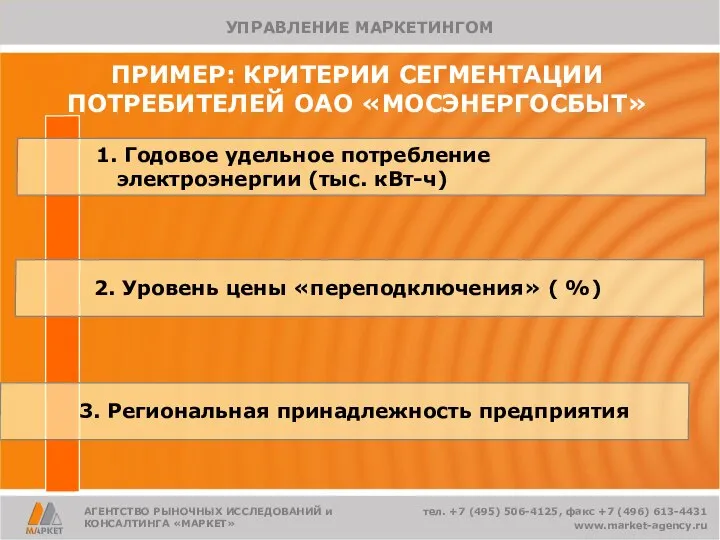 ПРИМЕР: КРИТЕРИИ СЕГМЕНТАЦИИ ПОТРЕБИТЕЛЕЙ ОАО «МОСЭНЕРГОСБЫТ» 1. Годовое удельное потребление электроэнергии