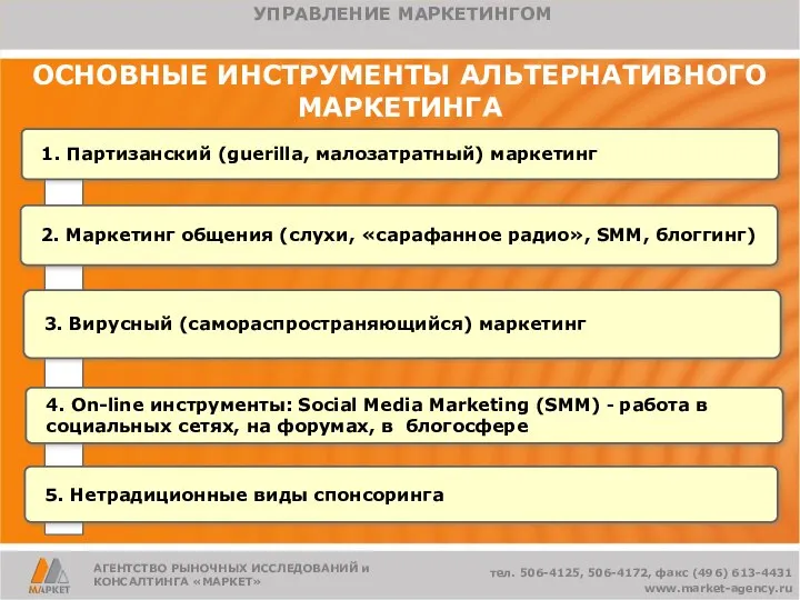 ОСНОВНЫЕ ИНСТРУМЕНТЫ АЛЬТЕРНАТИВНОГО МАРКЕТИНГА 1. Партизанский (guerilla, малозатратный) маркетинг 2. Маркетинг