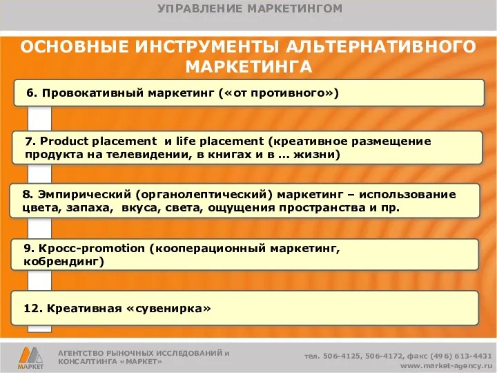 ОСНОВНЫЕ ИНСТРУМЕНТЫ АЛЬТЕРНАТИВНОГО МАРКЕТИНГА 6. Провокативный маркетинг («от противного») 7. Product