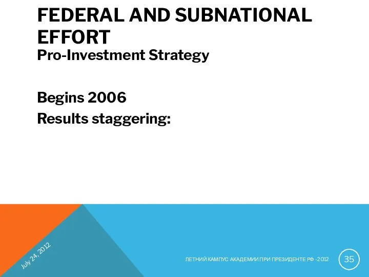 FEDERAL AND SUBNATIONAL EFFORT Pro-Investment Strategy Begins 2006 Results staggering: July