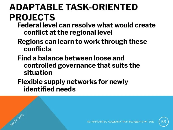 ADAPTABLE TASK-ORIENTED PROJECTS Federal level can resolve what would create conflict