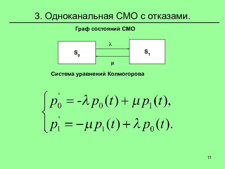 3. Одноканальная СМО с отказами. Граф состояний СМО Система уравнений Колмогорова