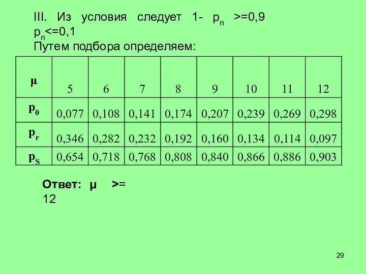 III. Из условия следует 1- pn >=0,9 pn Путем подбора определяем: Ответ: μ >= 12