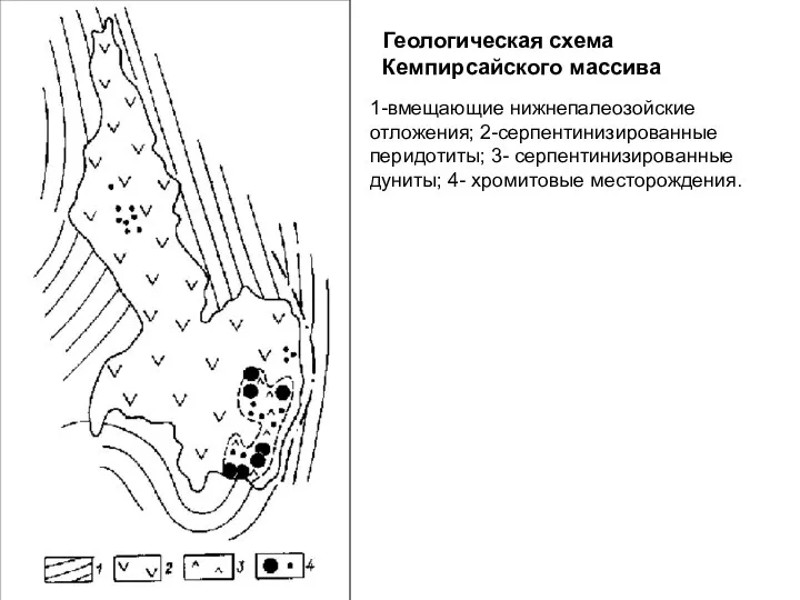 Геологическая схема Кемпирсайского массива 1-вмещающие нижнепалеозойские отложения; 2-серпентинизированные перидотиты; 3- серпентинизированные дуниты; 4- хромитовые месторождения.