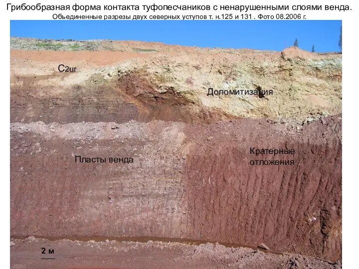 Грибообразная форма контакта туфопесчаников с ненарушенными слоями венда. Объединенные разрезы двух