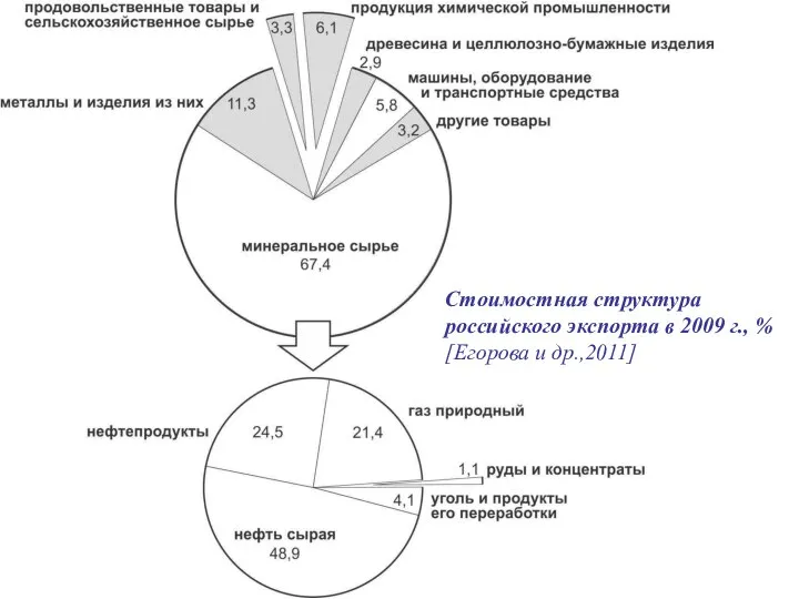 Стоимостная структура российского экспорта в 2009 г., % [Егорова и др.,2011]