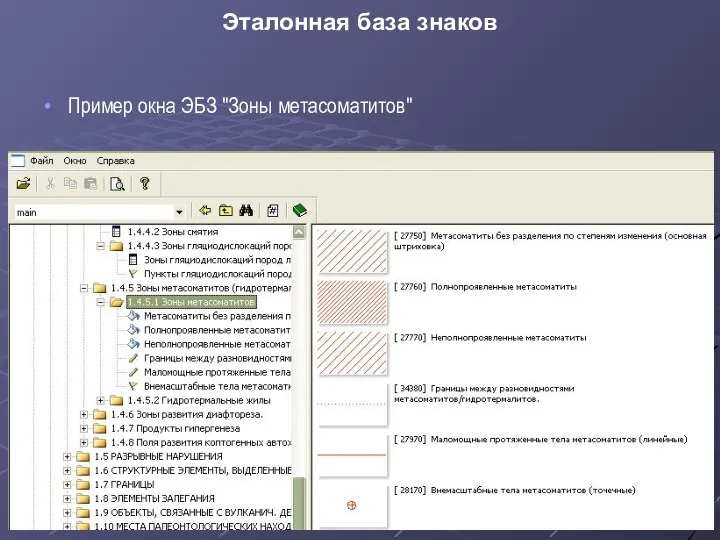 Эталонная база знаков Пример окна ЭБЗ "Зоны метасоматитов"