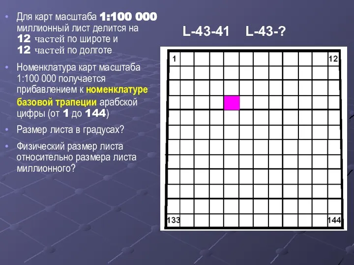 Для карт масштаба 1:100 000 миллионный лист делится на 12 частей