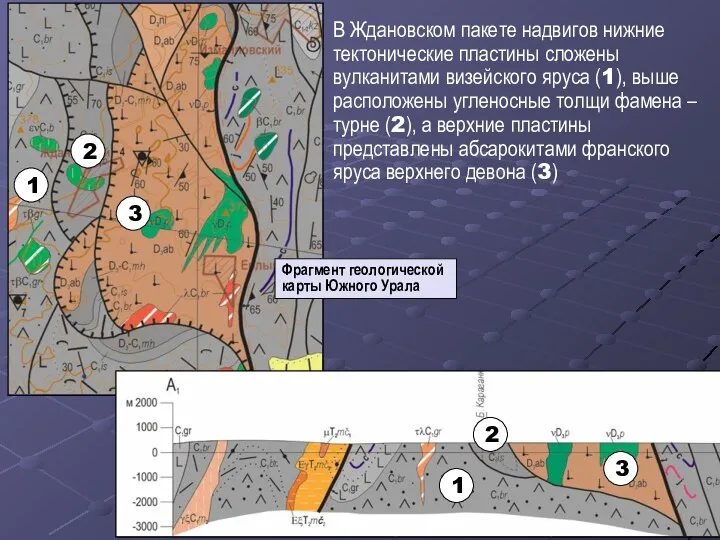В Ждановском пакете надвигов нижние тектонические пластины сложены вулканитами визейского яруса