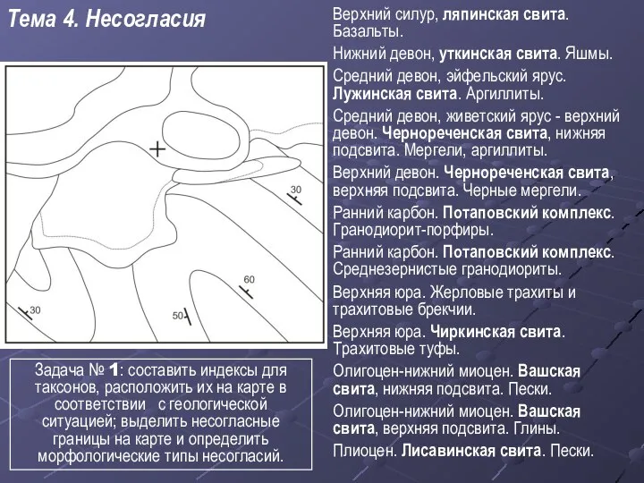 Верхний силур, ляпинская свита. Базальты. Нижний девон, уткинская свита. Яшмы. Средний