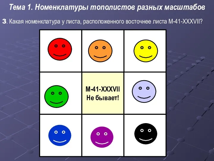 3. Какая номенклатура у листа, расположенного восточнее листа М-41-XXXVII? Тема 1. Номенклатуры тополистов разных масштабов