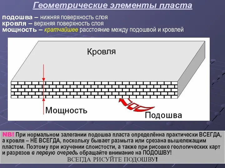 Геометрические элементы пласта подошва – нижняя поверхность слоя кровля – верхняя