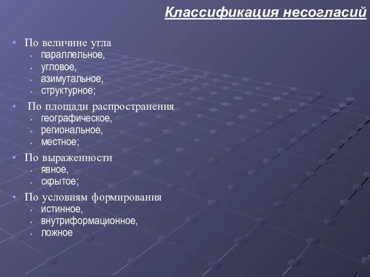 По величине угла параллельное, угловое, азимутальное, структурное; По площади распространения географическое,