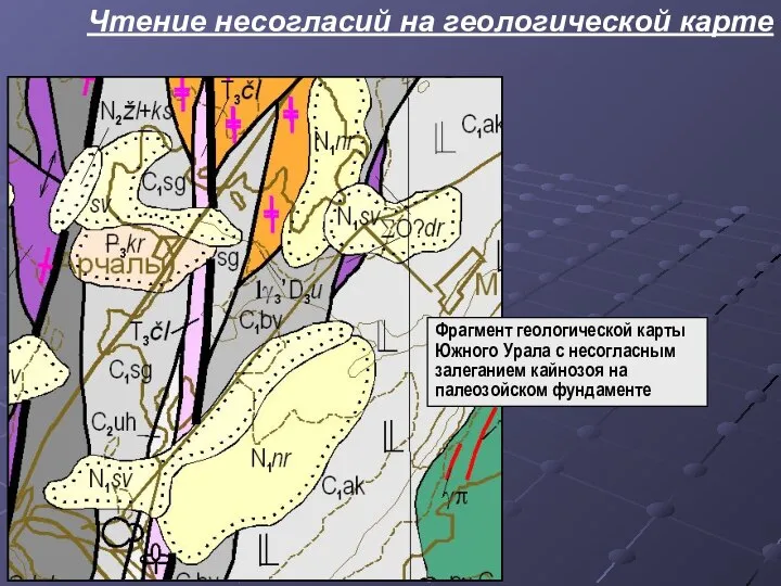 Чтение несогласий на геологической карте Фрагмент геологической карты Южного Урала с