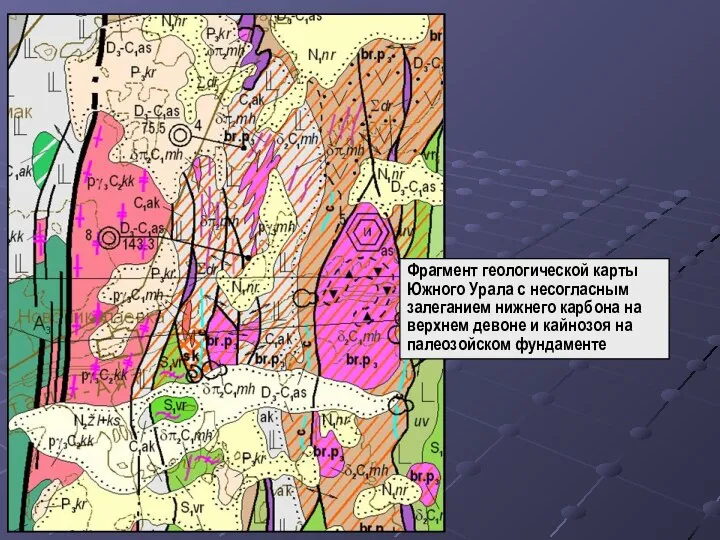 Фрагмент геологической карты Южного Урала с несогласным залеганием нижнего карбона на