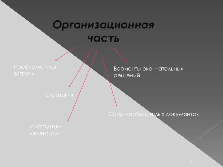 Организационная часть Проблематика встречи Стратегия Варианты окончательных решений Сбор необходимых документов Инструкции делегатам