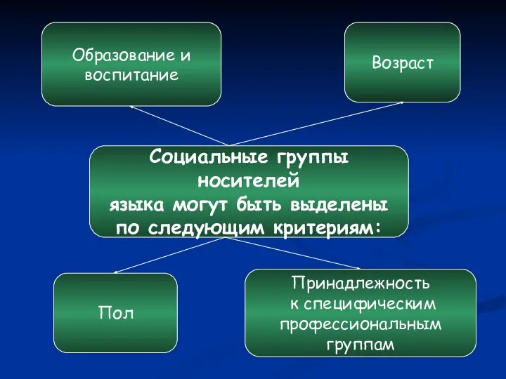 Социальные группы носителей языка могут быть выделены по следующим критериям: Пол