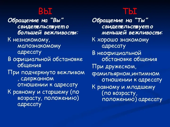 ВЫ Обращение на “Вы” свидетельствует о большей вежливости: К незнакомому, малознакомому