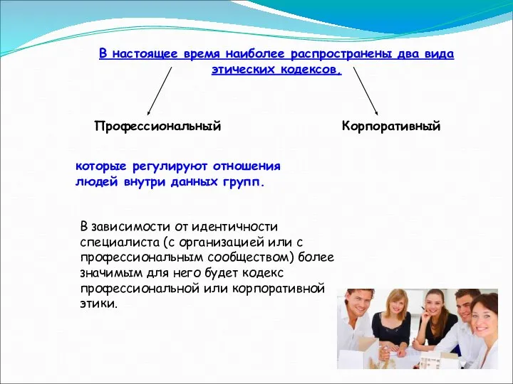 В настоящее время наиболее распространены два вида этических кодексов, Профессиональный Корпоративный