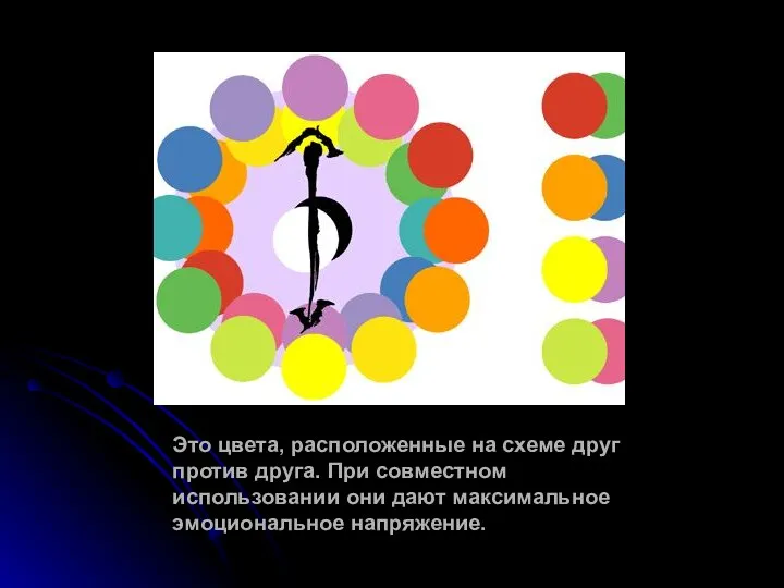 Это цвета, расположенные на схеме друг против друга. При совместном использовании они дают максимальное эмоциональное напряжение.