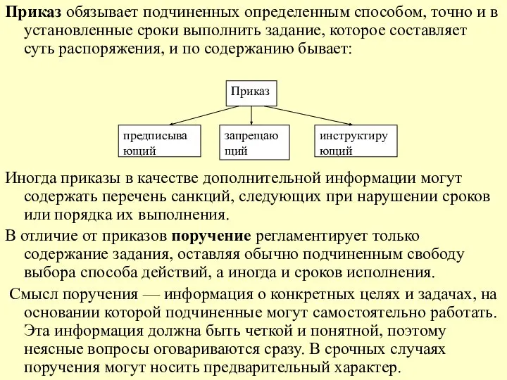 Приказ обязывает подчиненных определенным способом, точно и в установленные сроки выполнить