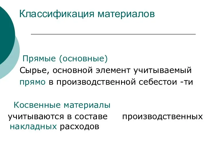 Классификация материалов Прямые (основные) Сырье, основной элемент учитываемый прямо в производственной