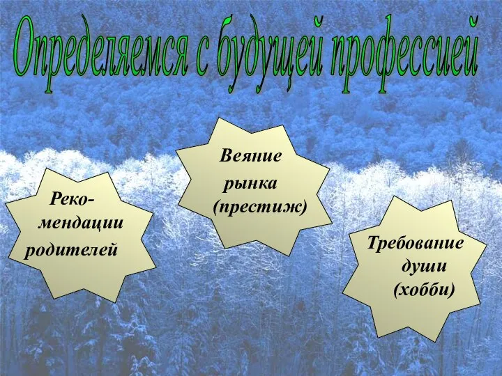 Определяемся с будущей профессией Реко-мендации родителей Веяние рынка (престиж) Требование души (хобби)