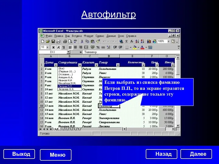 Автофильтр Если выбрать из списка фамилию Петров П.П., то на экране