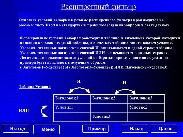 Формирование условий выбора происходит в таблице, в заголовках которой находятся названия