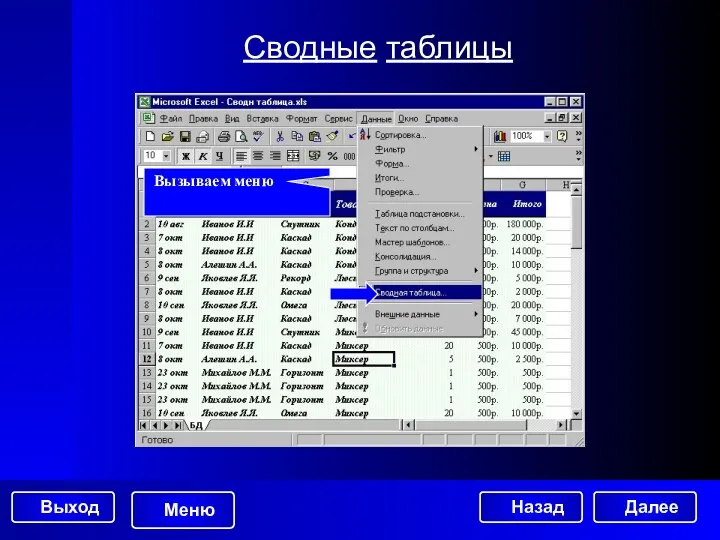 Сводные таблицы Вызываем меню Далее