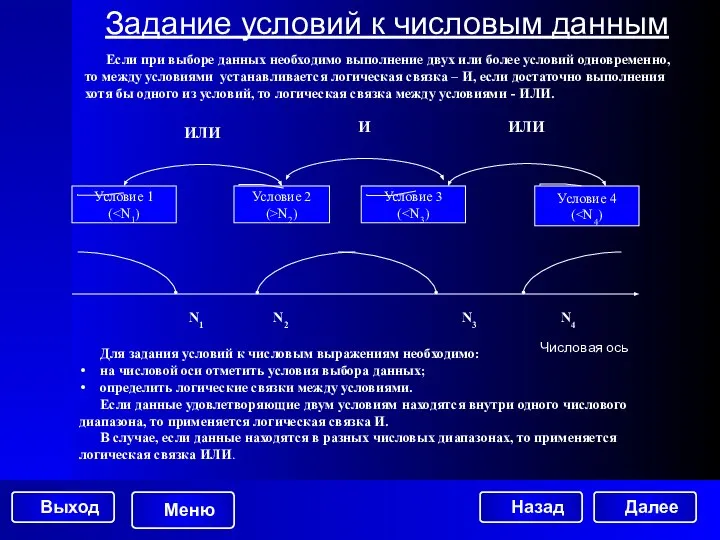 Задание условий к числовым данным Если при выборе данных необходимо выполнение