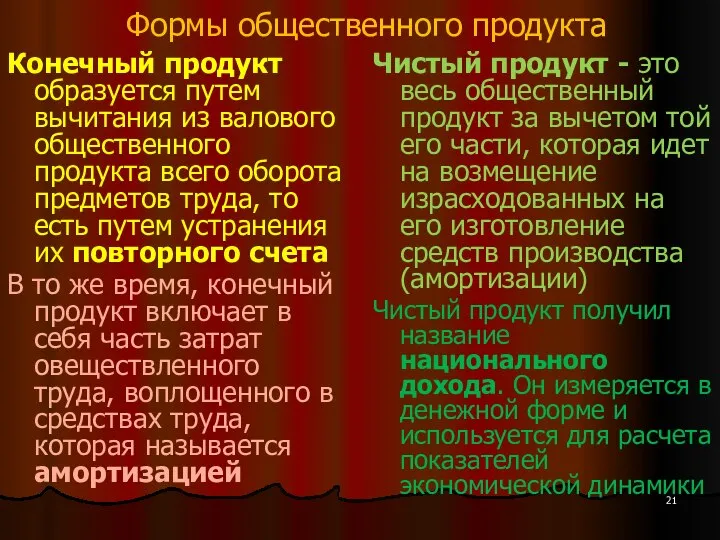 Формы общественного продукта Конечный продукт образуется путем вычитания из валового общественного