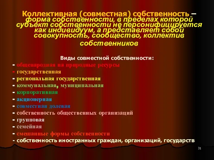 Коллективная (совместная) собственность – форма собственности, в пределах которой субъект собственности