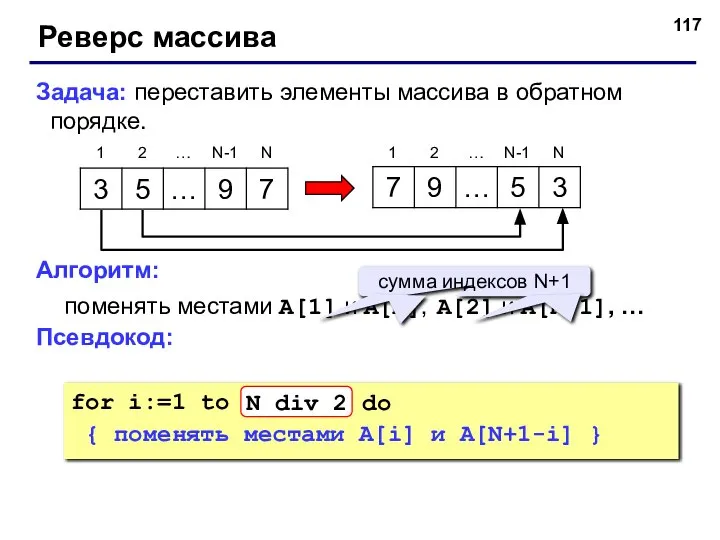 Реверс массива Задача: переставить элементы массива в обратном порядке. Алгоритм: поменять