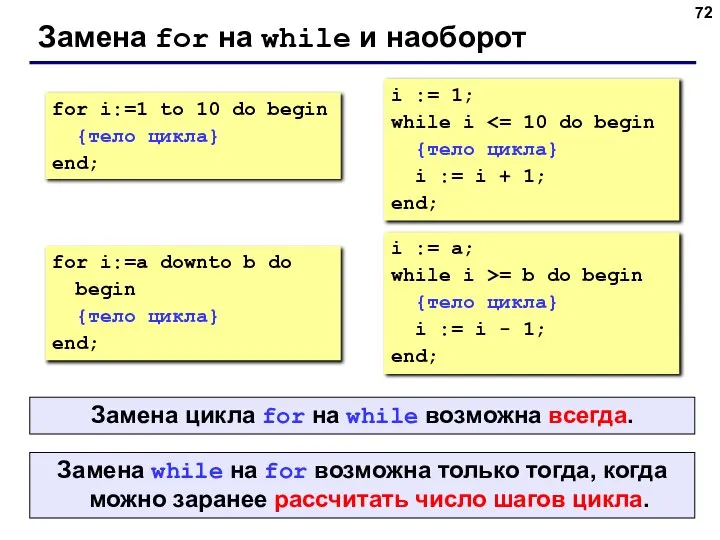 Замена for на while и наоборот for i:=1 to 10 do