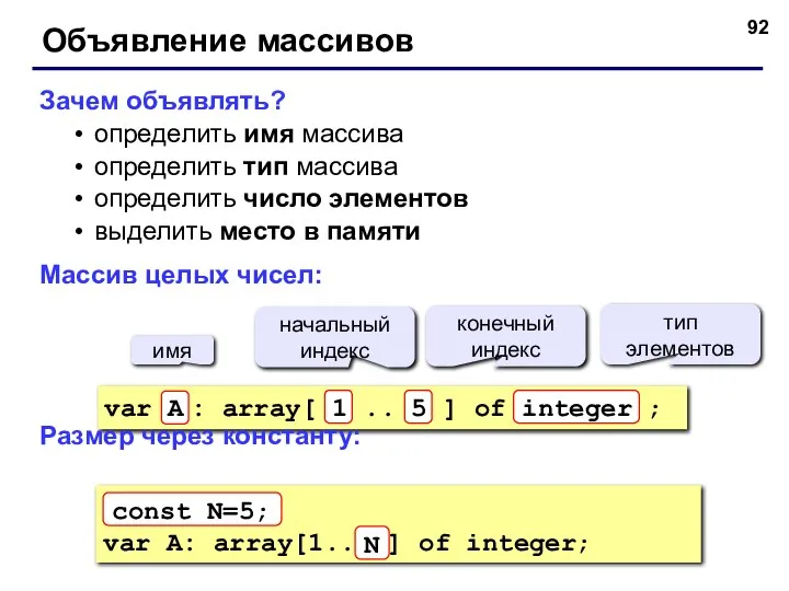 Объявление массивов Зачем объявлять? определить имя массива определить тип массива определить