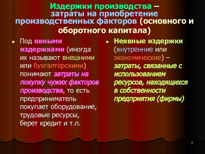 Издержки производства – затраты на приобретение производственных факторов (основного и оборотного