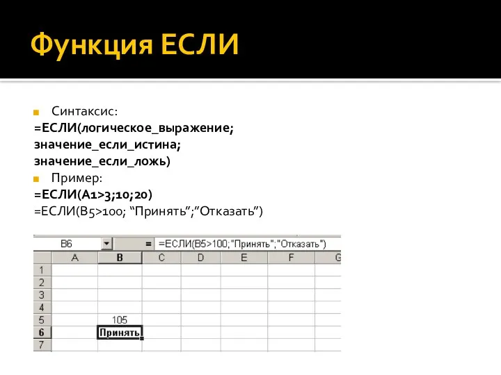 Функция ЕСЛИ Синтаксис: =ЕСЛИ(логическое_выражение; значение_если_истина; значение_если_ложь) Пример: =ЕСЛИ(А1>3;10;20) =ЕСЛИ(В5>100; “Принять”;”Отказать”)