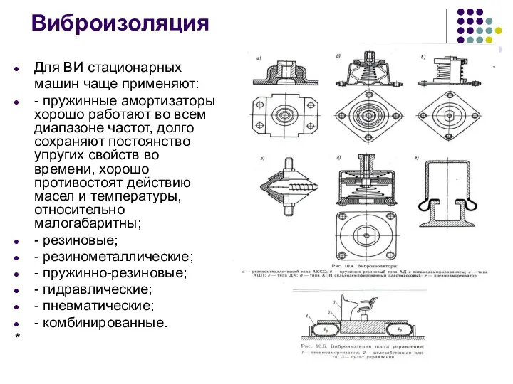 Виброизоляция Для ВИ стационарных машин чаще применяют: - пружинные амортизаторы хорошо