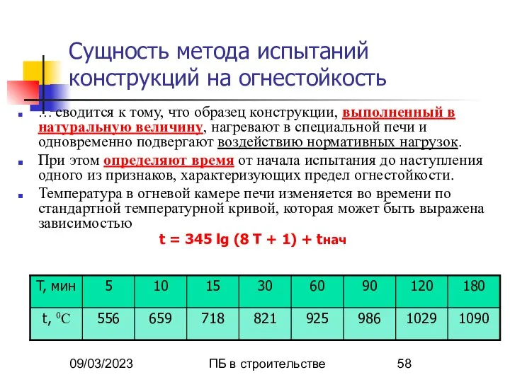 09/03/2023 ПБ в строительстве Сущность метода испытаний конструкций на огнестойкость …